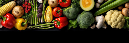 Assortment of fresh vegetables. Food background with assortment of fresh organic vegetables. Fresh vegetables. wide banner. Generative AIの素材