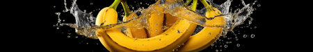 Fresh bananas falling into water with a big splash. Wide banner. Generative AIの素材