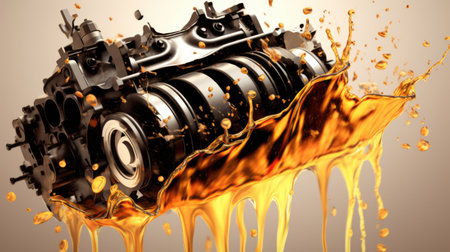 Oil wave splashing in Car engine with lubricant oil. Concept of lubricate motor oil and Gears. Generative AIの素材