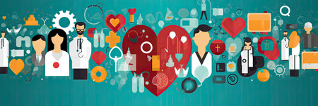 Abstract medical background with flat icons and symbols. Concept and idea for healthcare technology, science and research, innovation medicine, health. Generative AIの素材