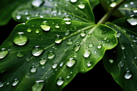 Ai. Water drop. fresh green leaf with water drop. Generative AI.の素材