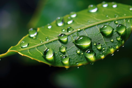 Ai. Water drop. fresh green leaf with water drop. Generative AI.の素材