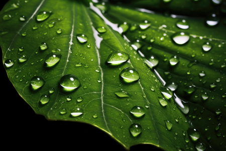 Ai. Water drop. fresh green leaf with water drop. Generative AI.の素材