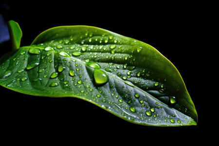 Ai. Water drop. fresh green leaf with water drop. Generative AI.の素材