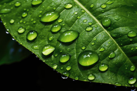 Ai. Water drop. fresh green leaf with water drop. Generative AI.の素材