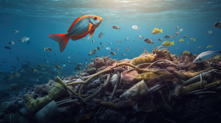 Garbage and fishs in ocean. Environment concept. environmental protection concept. Generetive AIの素材