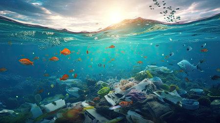Garbage and fishs in ocean. Environment concept. environmental protection concept. Generetive AIの素材