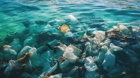 A lot of old plastic and plastic bags in ocean. environmental protection concept. Generetive AIの素材