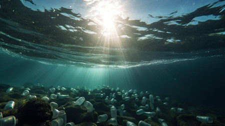 A lot of Plastic water bottles pollution in ocean. environmental protection concept. Generetive AIの素材