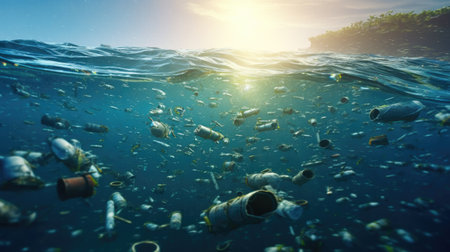 A lot of Plastic water bottles pollution in ocean. environmental protection concept. Generetive AIの素材