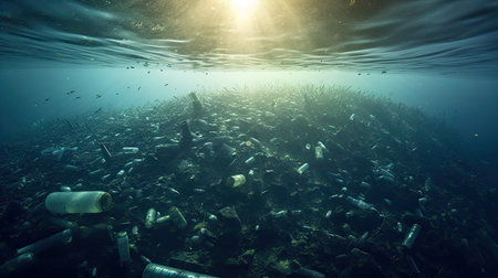 A lot of Plastic water bottles pollution in ocean. environmental protection concept. Generetive AIの素材