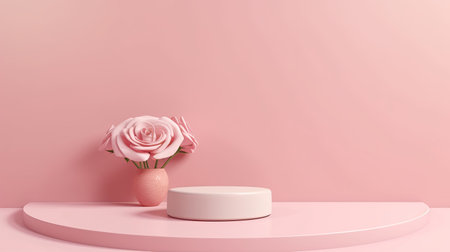 Clean pink minimal podium for product presentation with beautiful fresh roses background. gentle colors. Generative Ai.の素材