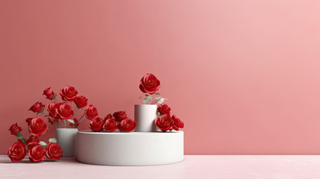 Clean red minimal podium for product presentation with beautiful fresh roses background. Generative Ai.の素材