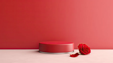 Empty podium for product presentation with beautiful fresh red roses background. Generative Ai.の素材
