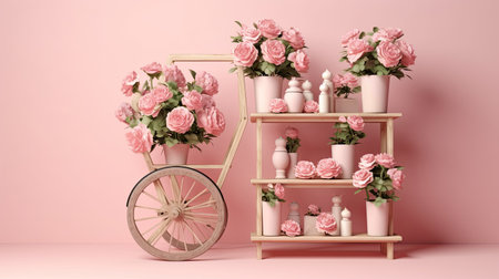 A pastel pink production stand with beautiful fresh roses. Paste for empty areas of products, gentle colors. Generative Ai.の素材