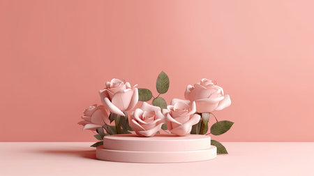 Clean pink minimal podium for product presentation with beautiful fresh roses background. gentle colors. Generative Ai.の素材