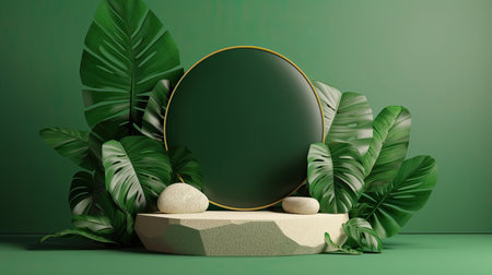 Empty podium green products with stones and tropical leaves. Generative Ai.の素材