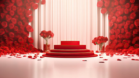 Empty podium for product presentation with beautiful fresh red roses background. Generative Ai.の素材