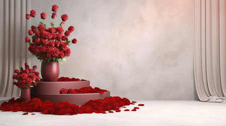 Empty podium for product presentation with beautiful fresh red roses background. Generative Ai.の素材