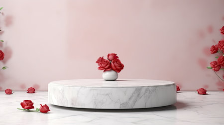 Empty podium of marble pedestal for product presentation with beautiful fresh red rose background. Generative Ai.の素材