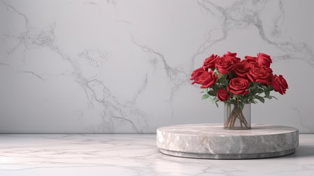Empty podium of marble pedestal for product presentation with beautiful fresh red rose background. Generative Ai.の素材