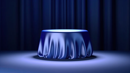 Empty podium or Round pedestal decorated with satin fabric for awarding or displaying products. Generative Ai.の素材