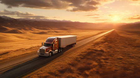 A transport semi-truck effortlessly crossing the expansive terrain, a representation of logistics, freight and delivery. Generative Aiの素材