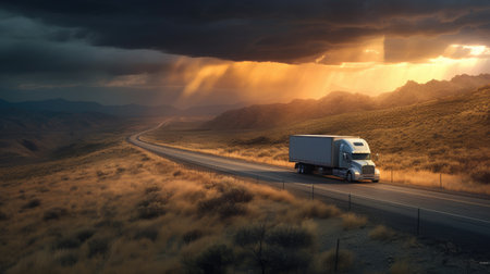 A transport semi-truck effortlessly crossing the expansive terrain, a representation of logistics, freight and delivery. Generative Aiの素材