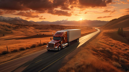 A transport semi-truck effortlessly crossing the expansive terrain, a representation of logistics, freight and delivery. Generative Aiの素材