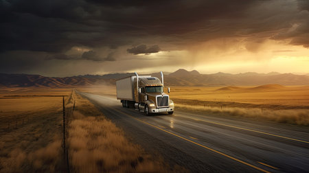 A transport semi-truck effortlessly crossing the expansive terrain, a representation of logistics, freight and delivery. Generative Aiの素材