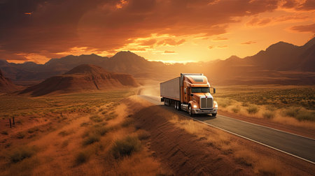 A transport semi-truck effortlessly crossing the expansive terrain, a representation of logistics, freight and delivery. Generative Aiの素材