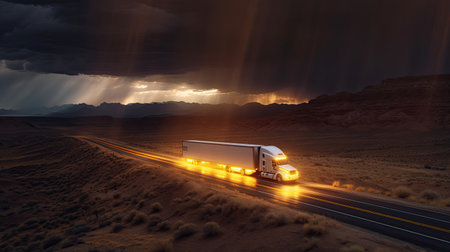 A transport semi-truck effortlessly crossing the expansive terrain, a representation of logistics, freight and delivery. Generative Aiの素材