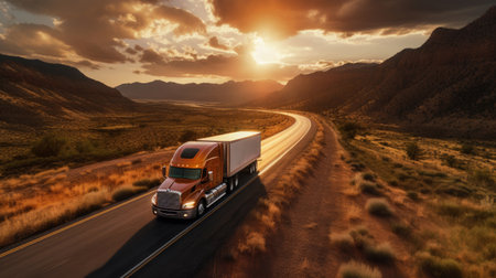 A transport semi-truck effortlessly crossing the expansive terrain, a representation of logistics, freight and delivery. Generative Aiの素材