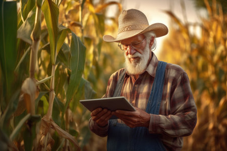 Old farmer in a corn field using a digital tablet to review harvest and crop performance, Concept application of technology in contemporary agriculture practices. Generative Aiの素材