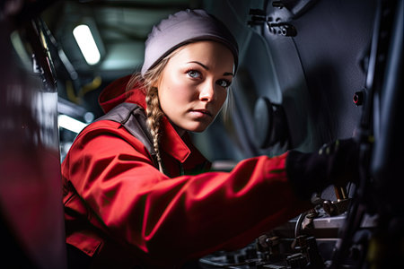 A female worker skillfully operating high-tech machinery in a modern automotive manufacturing setting. Generative Aiの素材