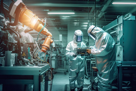 Workers wear a protective uniform skillfully operating high-tech machinery in a modern automotive manufacturing setting. Generative Aiの素材