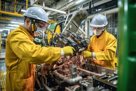 Workers wear a protective uniform skillfully operating high-tech machinery in a modern automotive manufacturing setting. Generative Aiの素材