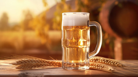 Beer Mug with on wooden floor, wheat field background. Generative AIの素材