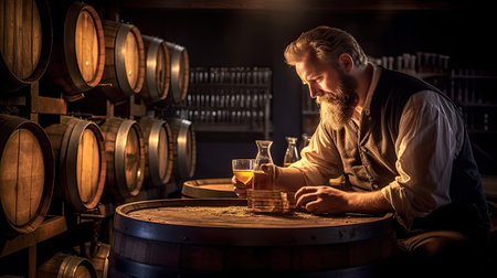 A brewers sample craft beer in a brewery with a large collection of oak barrels. Generative aiの素材