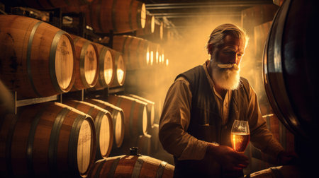 A brewer working and inspects oak barrels for fermentation in the brewery. generative aiの素材