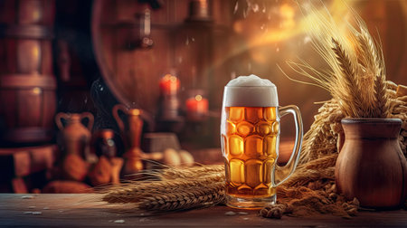 Beer Mug with wheat and hops in the brewery. oak barrel background. Generative AIの素材