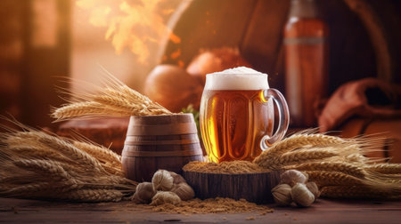Beer Mug with wheat and hops in the brewery. oak barrel background. Generative AIの素材