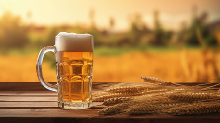Beer Mug with on wooden floor, wheat field background. Generative AIの素材