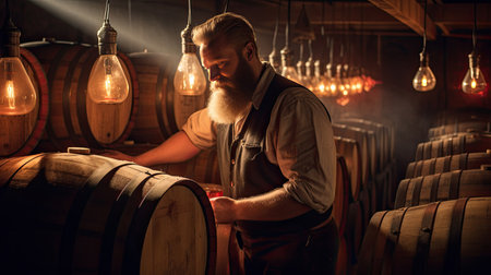 A brewer working and inspects oak barrels for fermentation in the brewery. generative aiの素材