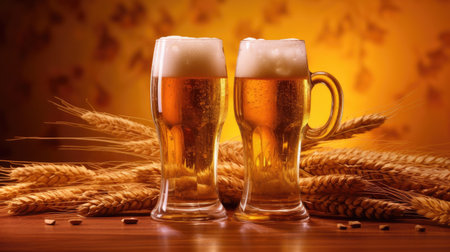Draught beer craft in glasses on gold background. Generative AIの素材
