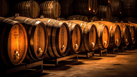 Oak barrels for beer fermentation in breweries. generative aiの素材