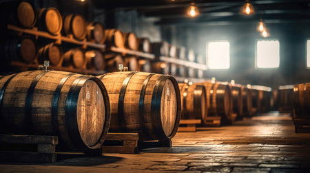 Oak barrels for beer fermentation in breweries. generative aiの素材