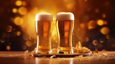 Draught beer craft in glasses on gold background. Generative AIの素材