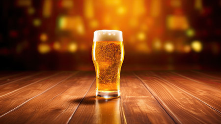 Fresh cold beer on wooden floor on gold background . Generative AIの素材