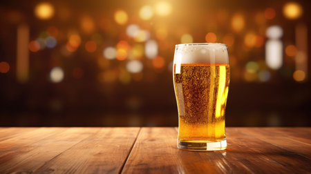Fresh cold beer on wooden floor on gold background . Generative AIの素材